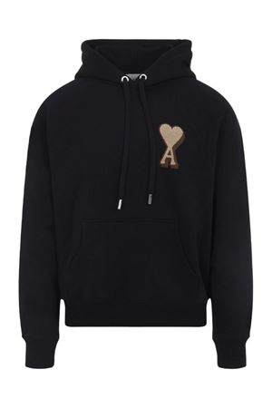 Felpa con cappuccio in cotone nero AMI | USW770747001