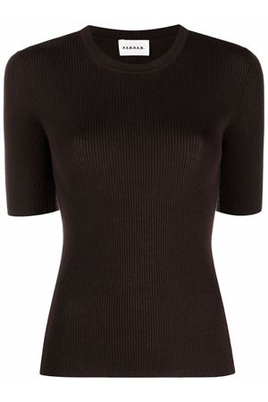 Dark brown ribbed short-sleeve top P.A.R.O.S.H. | LEILA25D510795086