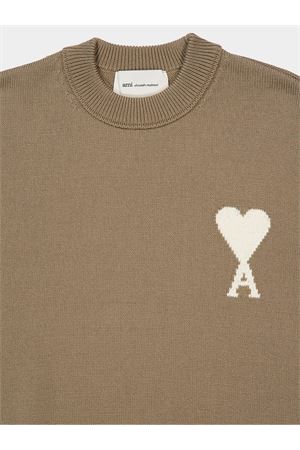 Maglione in maglia di lana e cotone color tortora AMI | UKS859KN0156A117