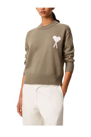 Maglione in maglia di lana e cotone color tortora AMI | UKS859KN0156WA117