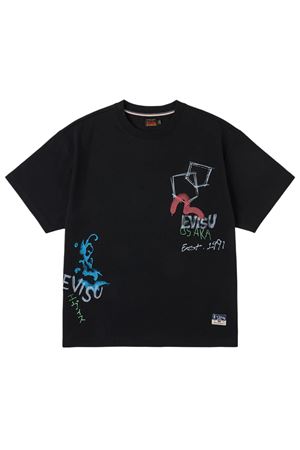 Hand-drawn Daicock and Multi-pocket Graffiti T-shirt EVISU | 2ESHTM6TS1100BLKX
